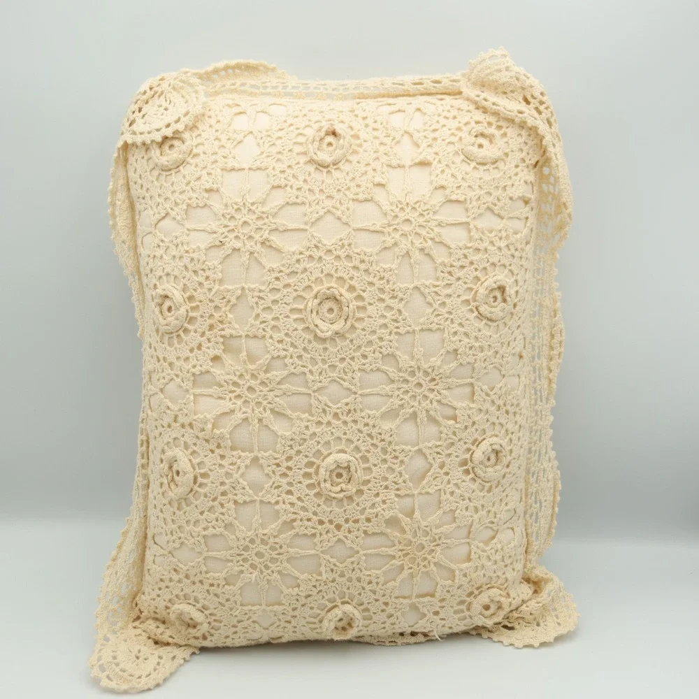 Grandmacore Cottage Crochet Lace Throw Set (3) Pillows Beige Vintage Granny Rose